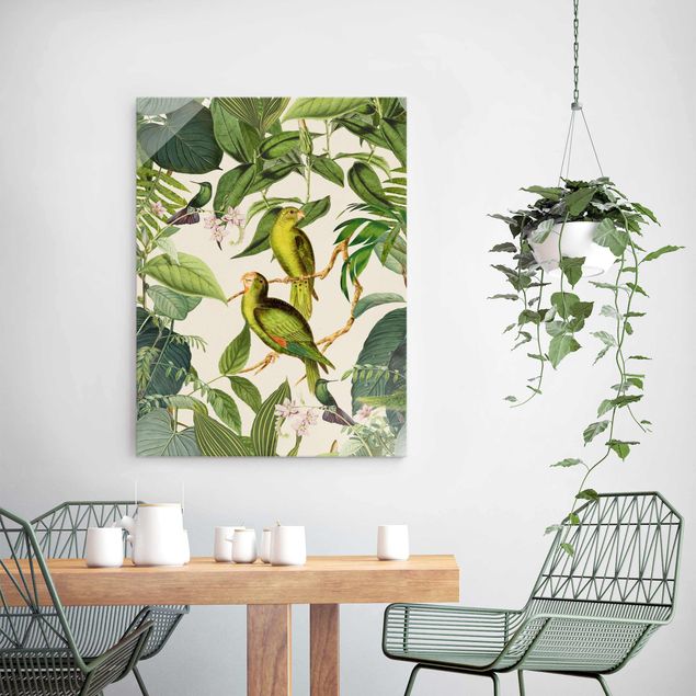 Glass prints flower Vintage Collage - Parrots In The Jungle
