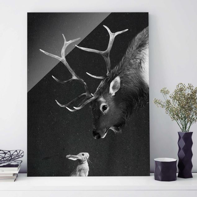 Black art prints Illustration Deer And Rabbit Black And White Drawing