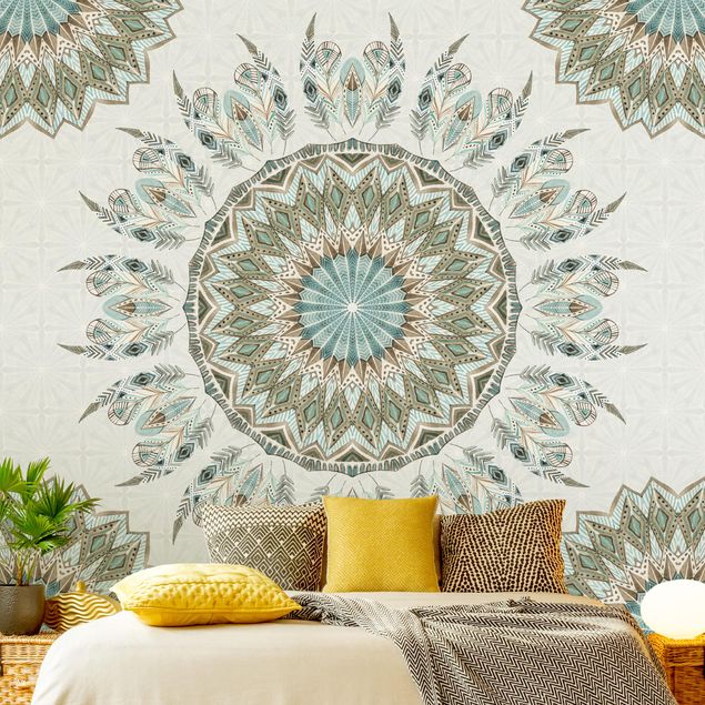 Wallpapers patterns Mandala Watercolour Feathers Pattern Blue Green