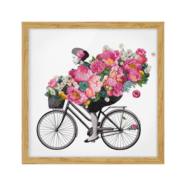 Floral prints Illustration Woman On Bicycle Collage Colourful Flowers