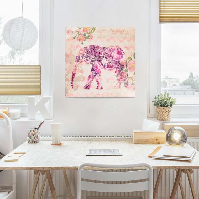 Kitchen Vintage Collage - Pink Flowers Elephant