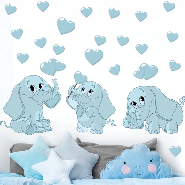 Nursery decoration Three blue elephant babies with hearts