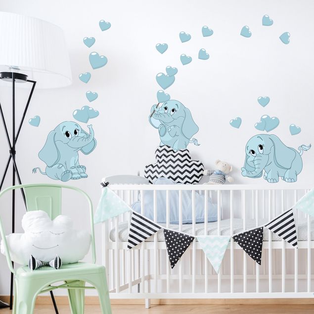 Animal print wall stickers Three blue elephant babies with hearts