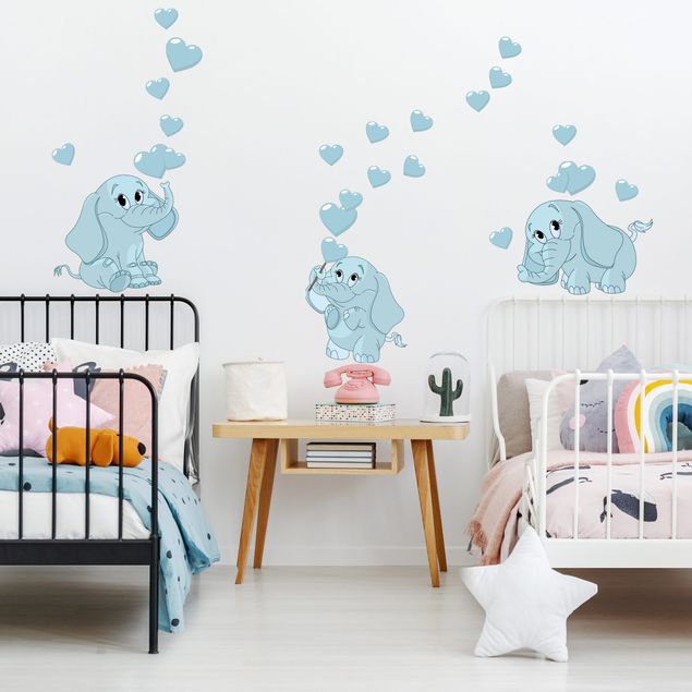 Romantic wall stickers Three blue elephant babies with hearts