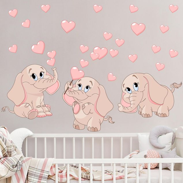 Wall stickers elefant Three pink elephant babies with hearts