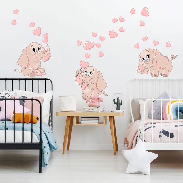 Wall stickers animals Three pink elephant babies with hearts