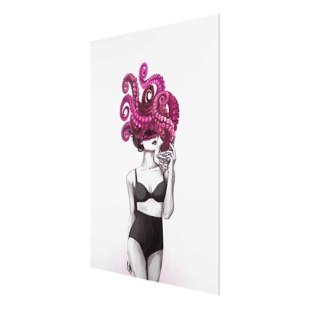 Glass prints black and white Illustration Woman In Underwear Black And White Octopus