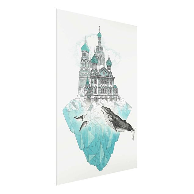 Glass prints black and white Illustration Church With Domes And Wal