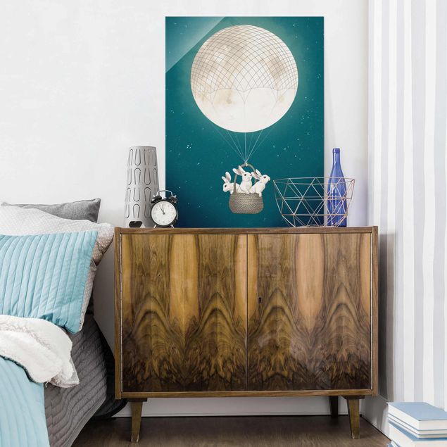 Glass prints pieces Illustration Rabbits Moon As Hot-Air Balloon Starry Sky