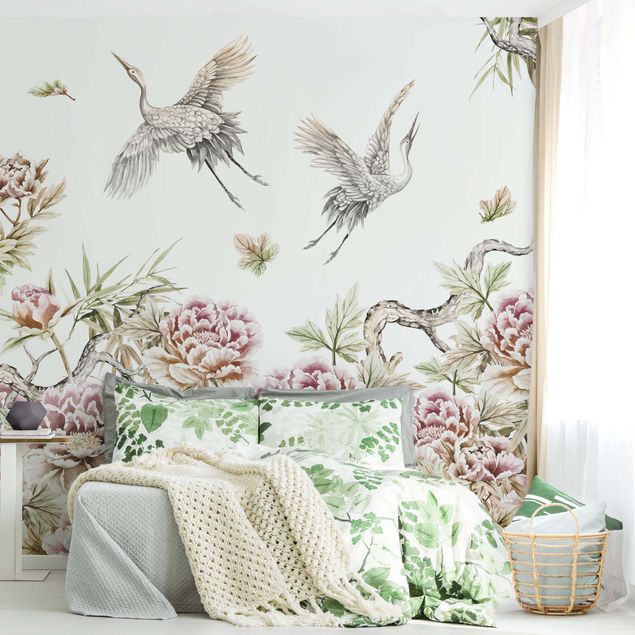 Floral wallpaper Watercolour Storks In Flight With Roses