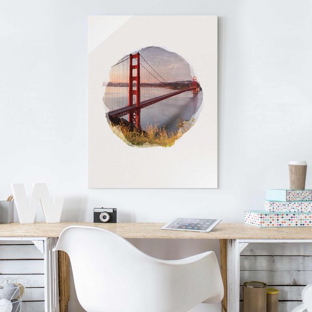 Glass prints architecture and skylines WaterColours - Golden Gate Bridge In San Francisco