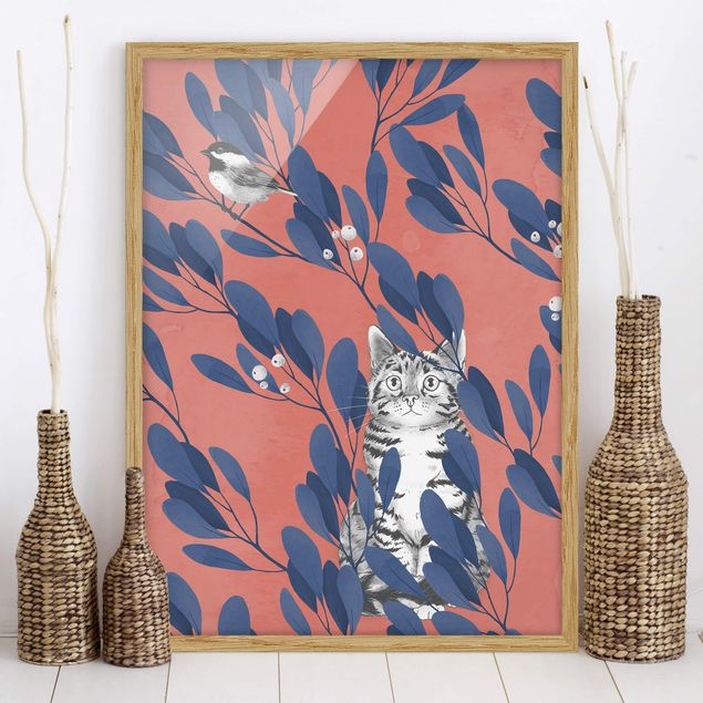 Kitchen Illustration Cat And Bird On Branch Blue Red