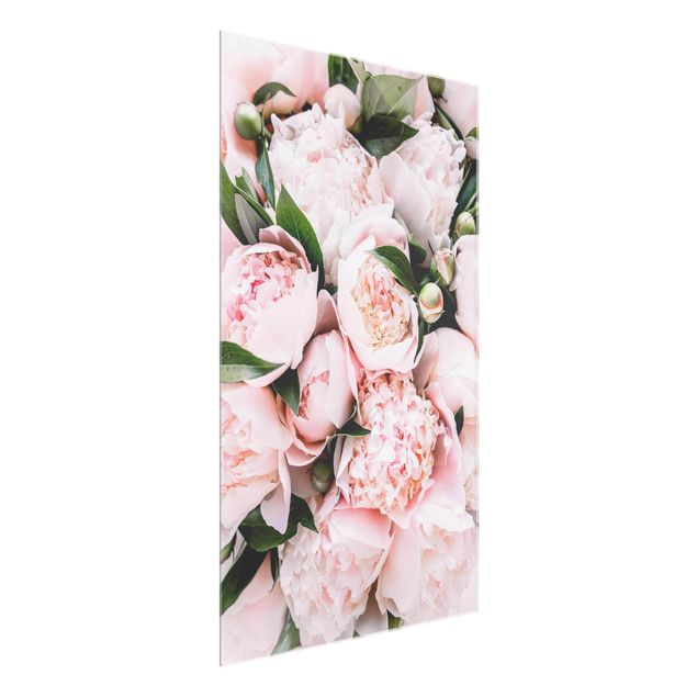 Glass prints flower Pink Peonies With Leaves