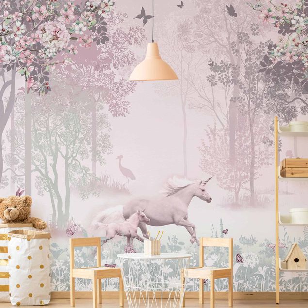 Nursery decoration Unicorn On Flowering Meadow In Pink