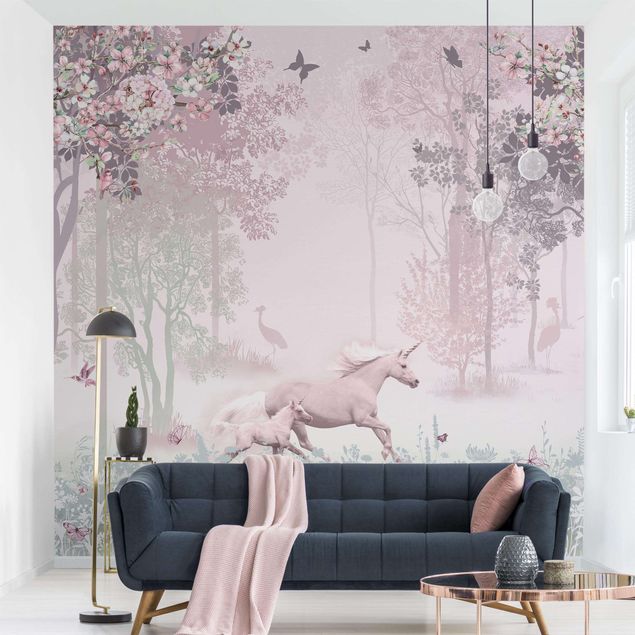 Modern wallpaper designs Unicorn On Flowering Meadow In Pink
