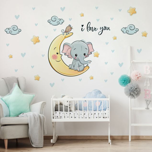 Wall stickers birds flying Elephant Moon I Love You