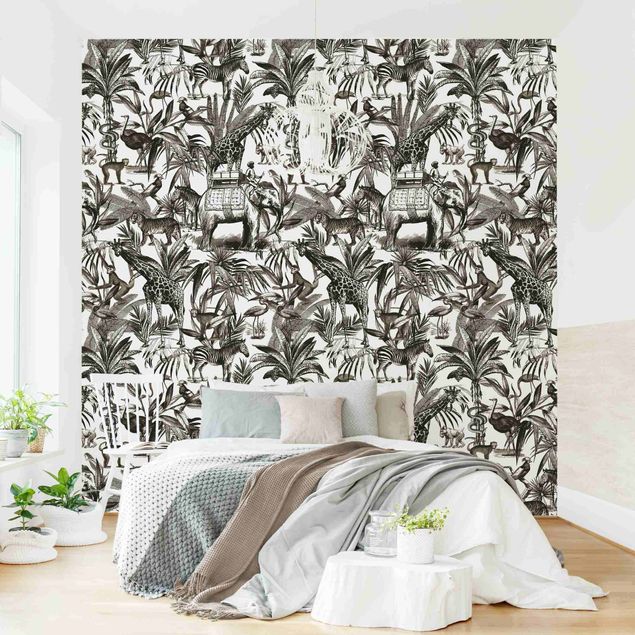 Kitchen Elephants Giraffes Zebras And Tiger Black And White With Brown Tone