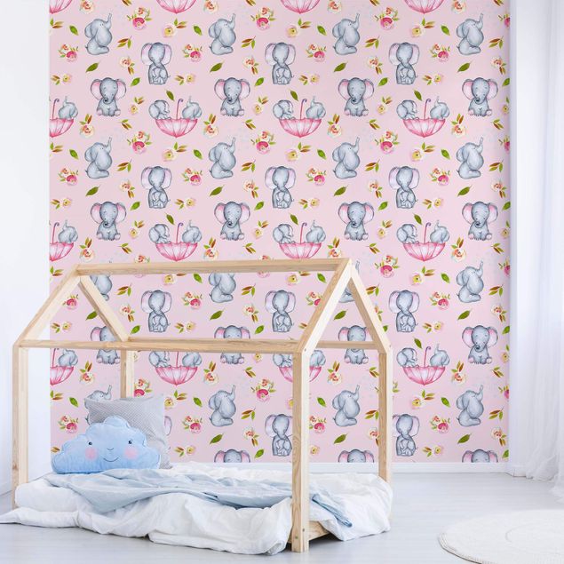 Nursery decoration Elephant With Flowers In Front Of Pink