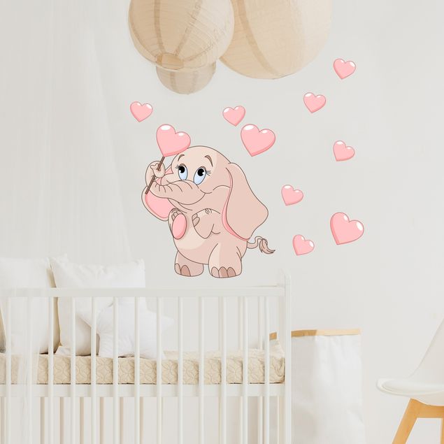 Love heart wall stickers Elephant baby with pink hearts