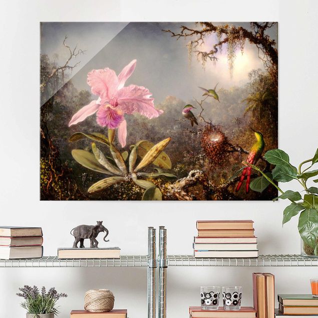 Glass prints orchid Martin Johnson Heade - Orchid And Three Hummingbirds