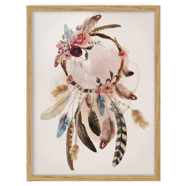 Spiritual art prints Dream Catcher With Roses And Feathers