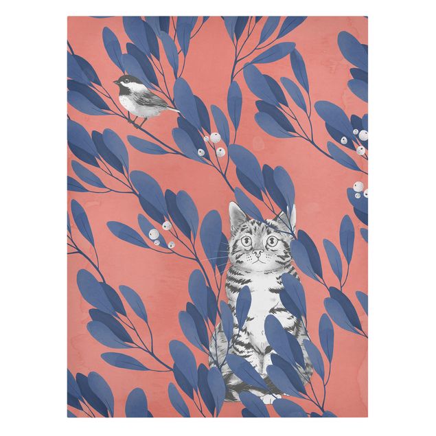 Canvas birds Illustration Cat And Bird On Branch Blue Red