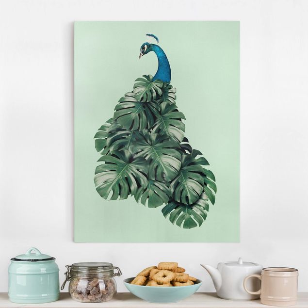 Kitchen Peacock With Monstera Leaves