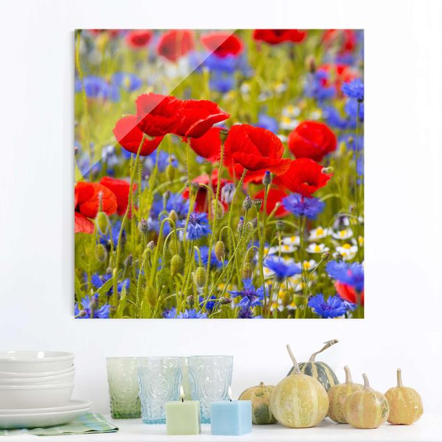 Glass prints poppy Summer Meadow With Poppies And Cornflowers