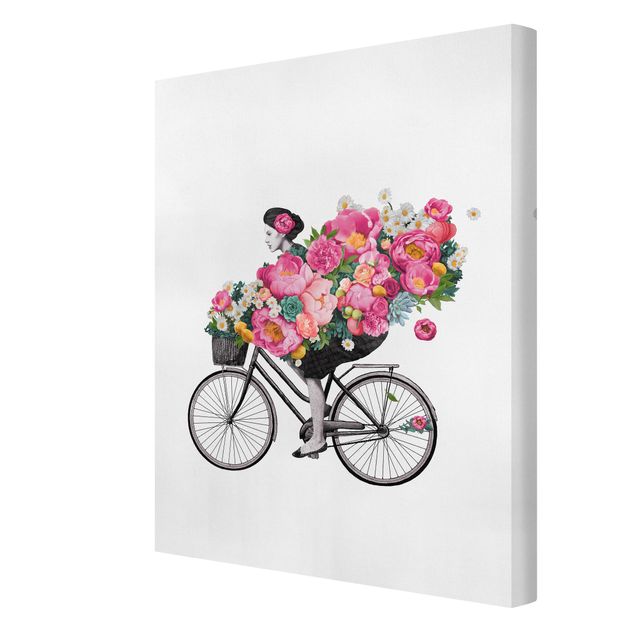 Prints pink Illustration Woman On Bicycle Collage Colourful Flowers