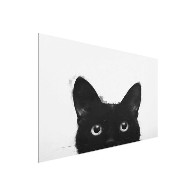 Glass prints black and white Illustration Black Cat On White Painting