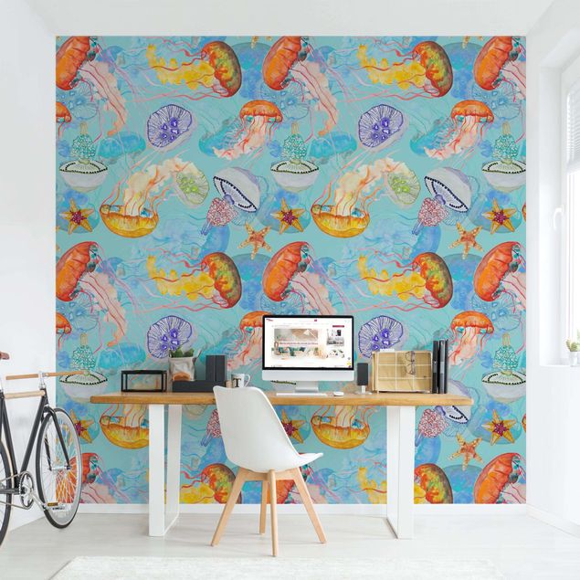 Modern wallpaper designs Colourful Jellyfish On Blue