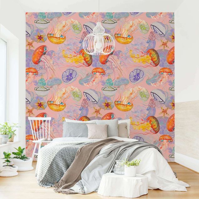 Wallpapers fishes Colourful Jellyfish On Pink
