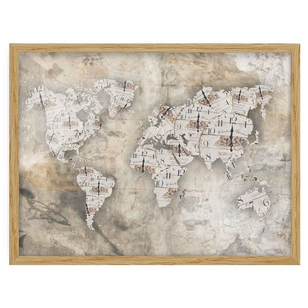 World map framed print Shabby Clocks World Map