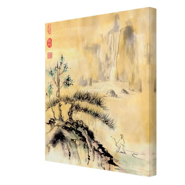 Waterfall wall art Japanese Watercolour Drawing Cedars And Mountains