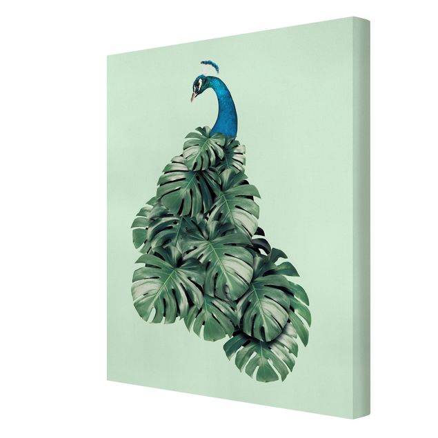 Green art prints Peacock With Monstera Leaves
