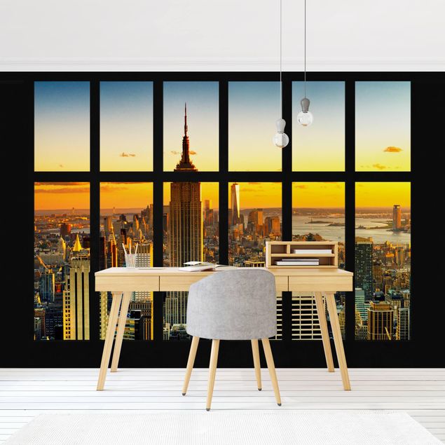 Modern wallpaper designs Window View Manhattan Skyline Sunset