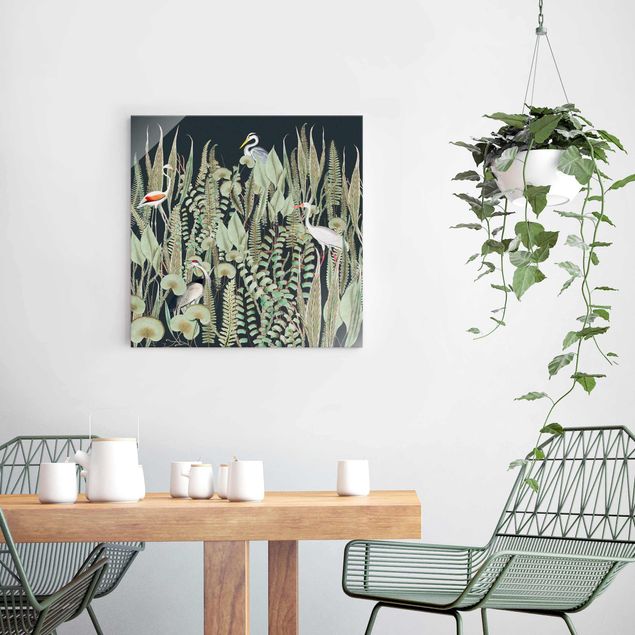 Glass prints flower Flamingo And Stork With Plants On Green
