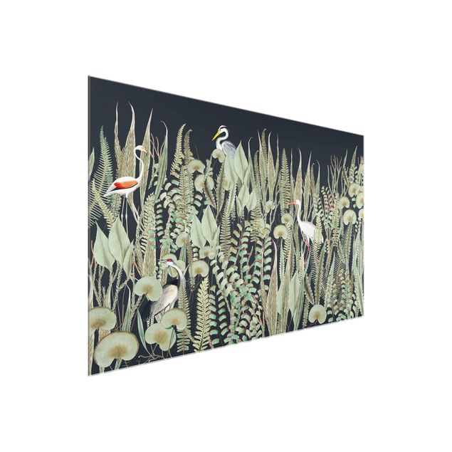Floral canvas Flamingo And Stork With Plants On Green