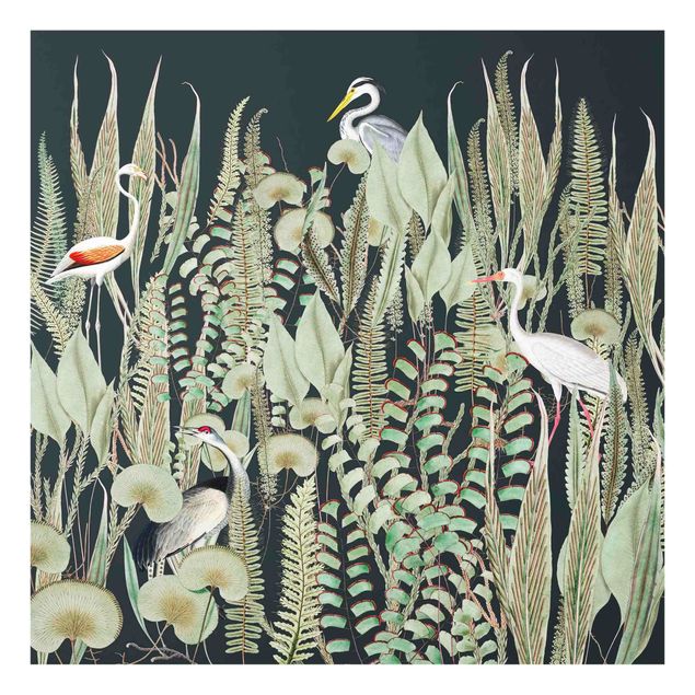 Green art prints Flamingo And Stork With Plants On Green