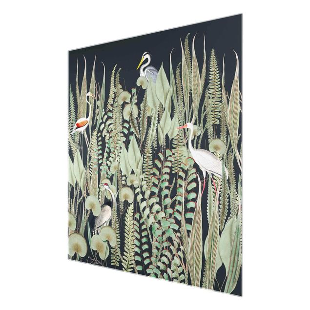 Prints Flamingo And Stork With Plants On Green