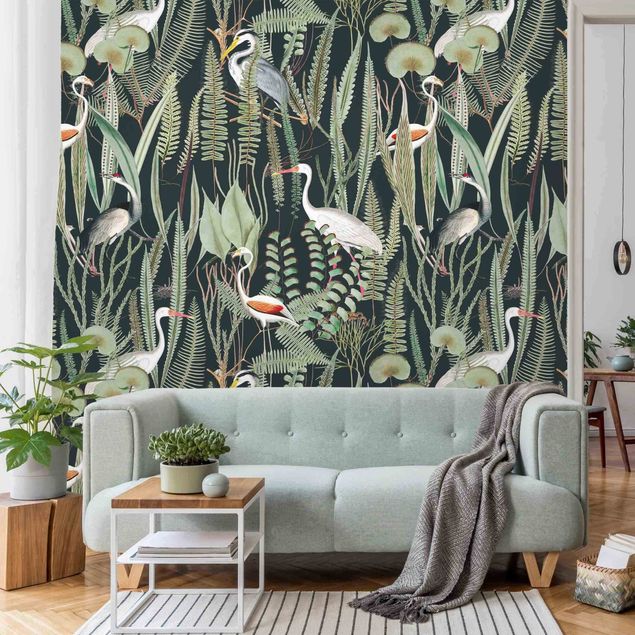 Kitchen Flamingos And Storks With Plants On Green