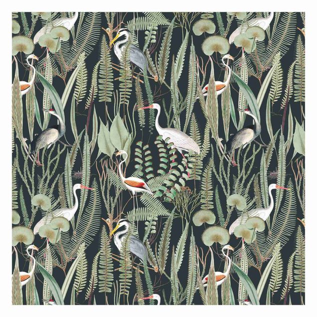 Wallpapers modern Flamingos And Storks With Plants On Green
