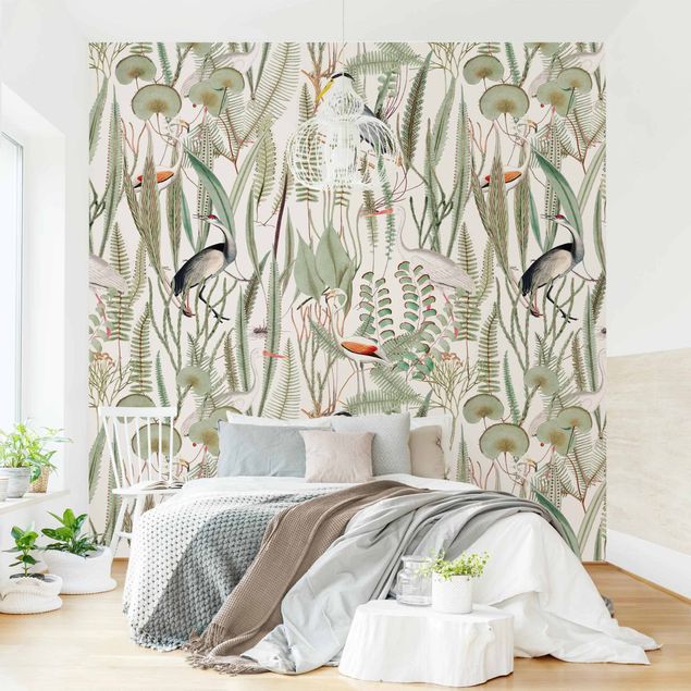 Floral wallpaper Flamingos And Storks With Plants
