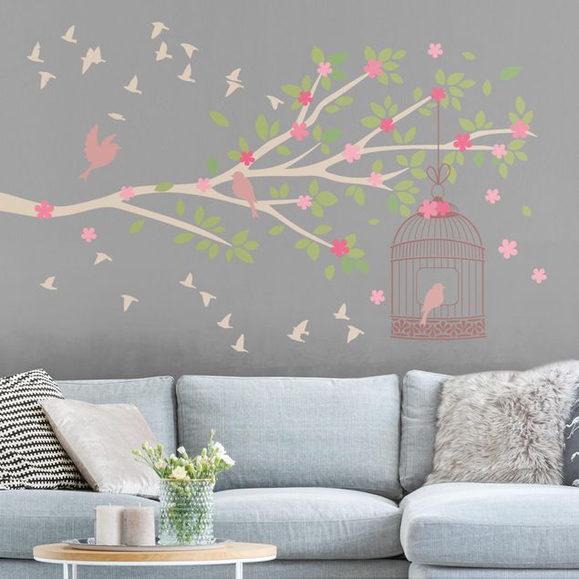Wall stickers birds flying Spring branch with birdcage