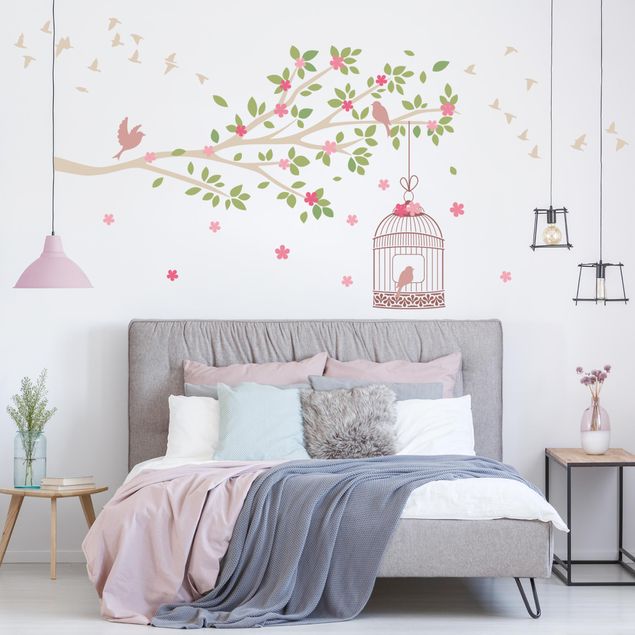 Animal print wall stickers Spring branch with birdcage