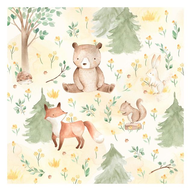 Self adhesive wallpapers Fox and bear with flowers and trees