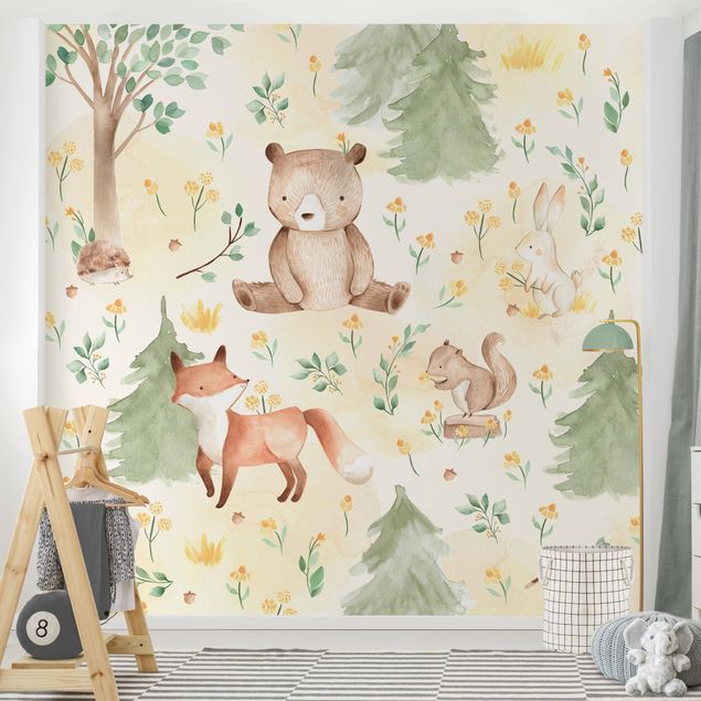 Nursery decoration Fox and bear with flowers and trees