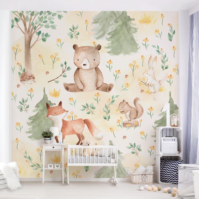 Wallpapers flower Fox and bear with flowers and trees