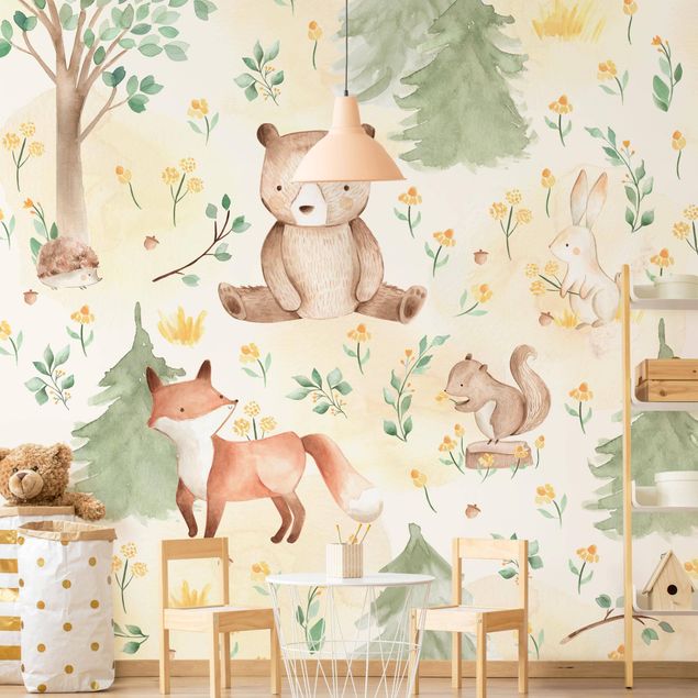 Wallpapers animals Fox and bear with flowers and trees