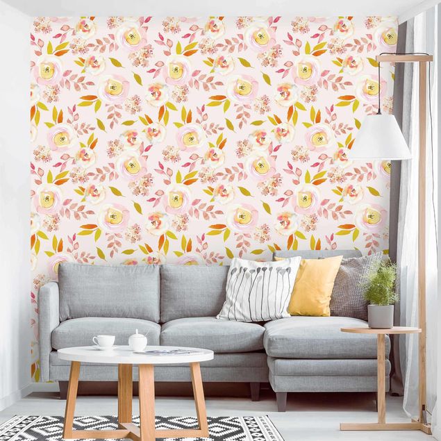Wallpapers modern Yellow Leaves With Watercolour Flowers In Front Of Pink